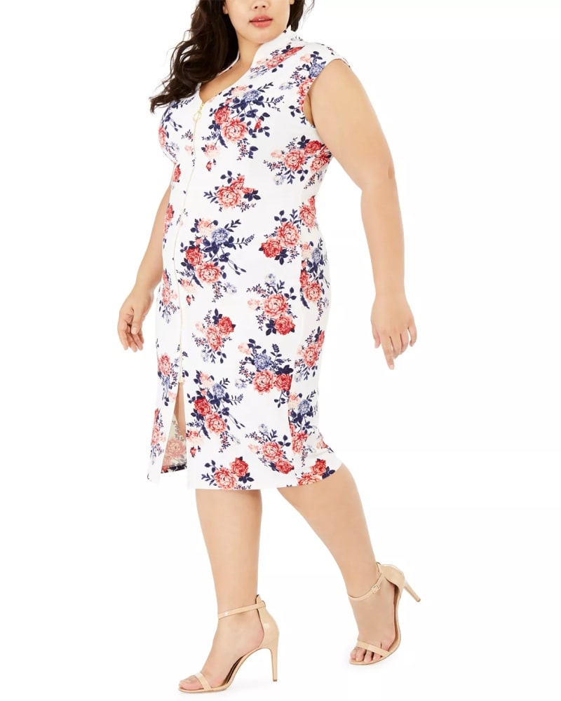 Front of a model wearing a size 1X Almost Famous Women's Trendy Plus Floral Print Bodycon Dress Pink Size 1X in Pink by Almost Famous. | dia_product_style_image_id:312502